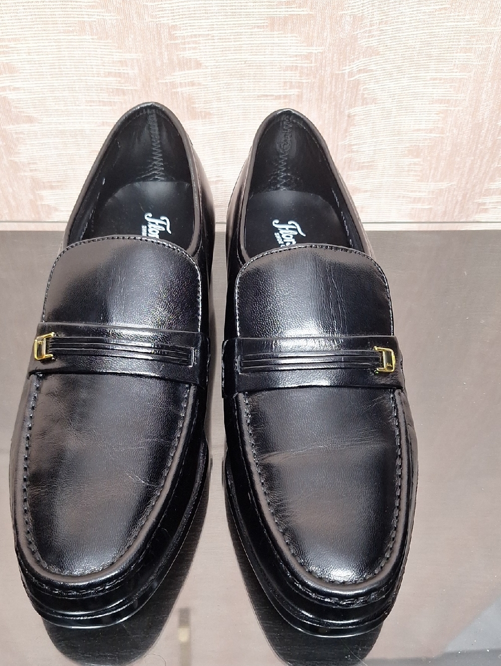 Men's Black Leather Slip-On Loafers with Gold Accent